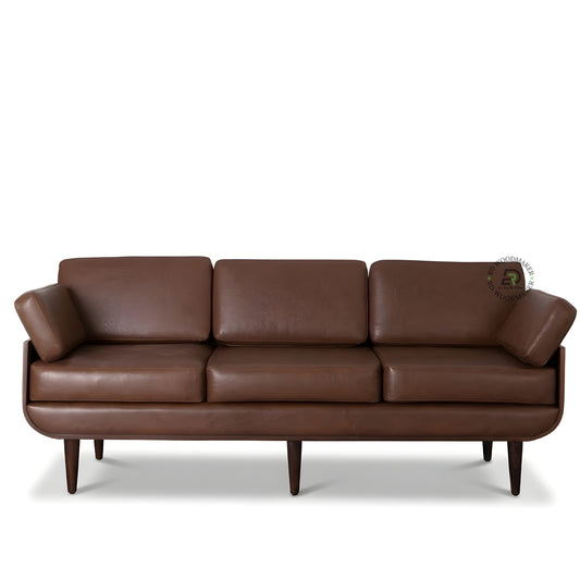 MID CENTURY MODERN BROWN LEATHER 3 SEATER SOFA