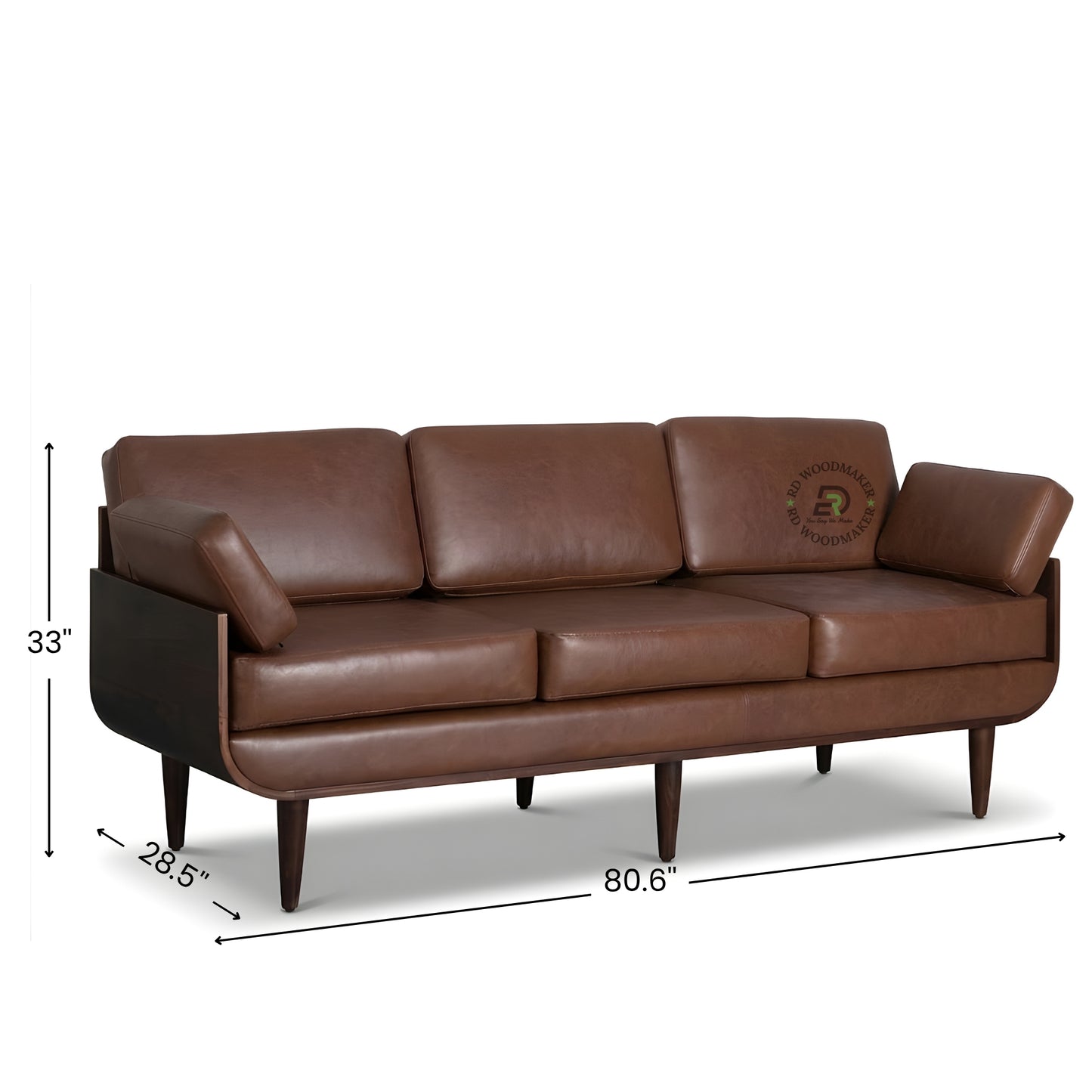 MID CENTURY MODERN BROWN LEATHER 3 SEATER SOFA