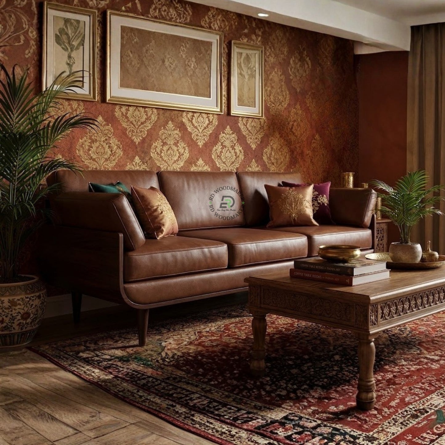 MID CENTURY MODERN BROWN LEATHER 3 SEATER SOFA