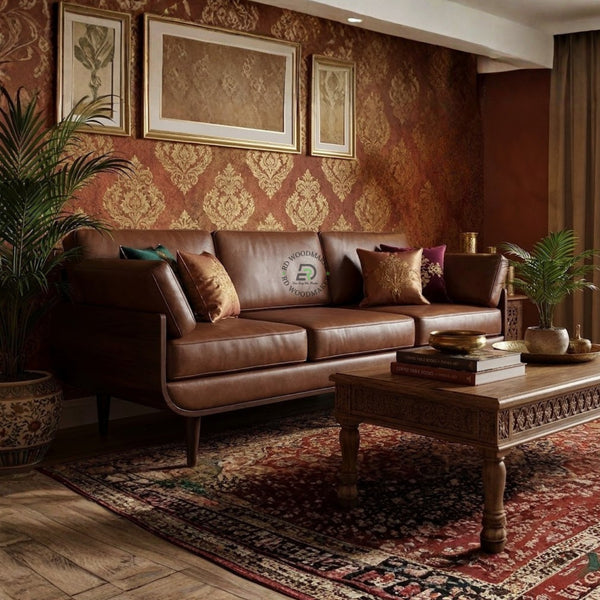 MID CENTURY MODERN BROWN LEATHER 3 SEATER SOFA