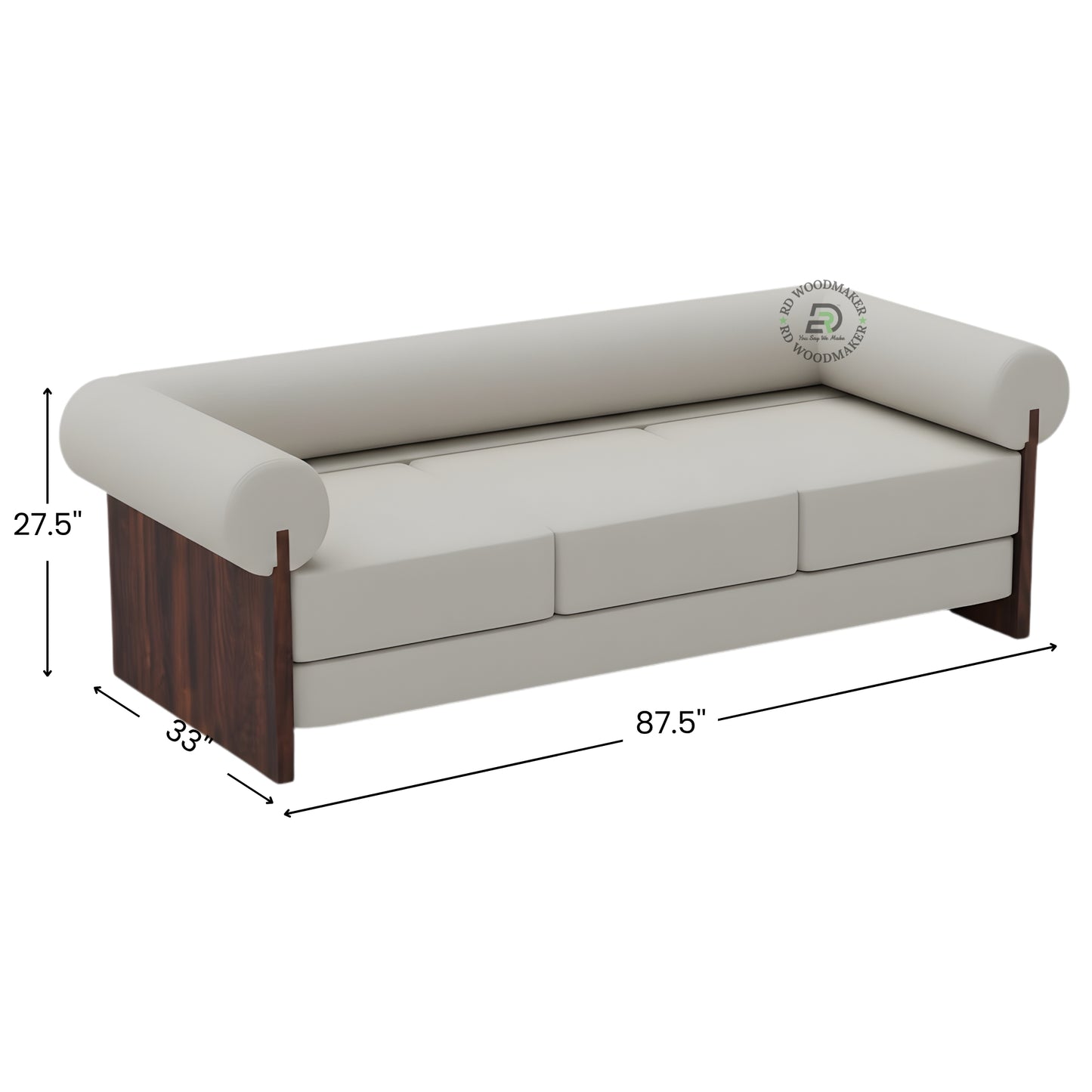 CONTEMPORARY CREAM 3 SEATER SOFA WITH CYLINDRICAL ARMRESTS