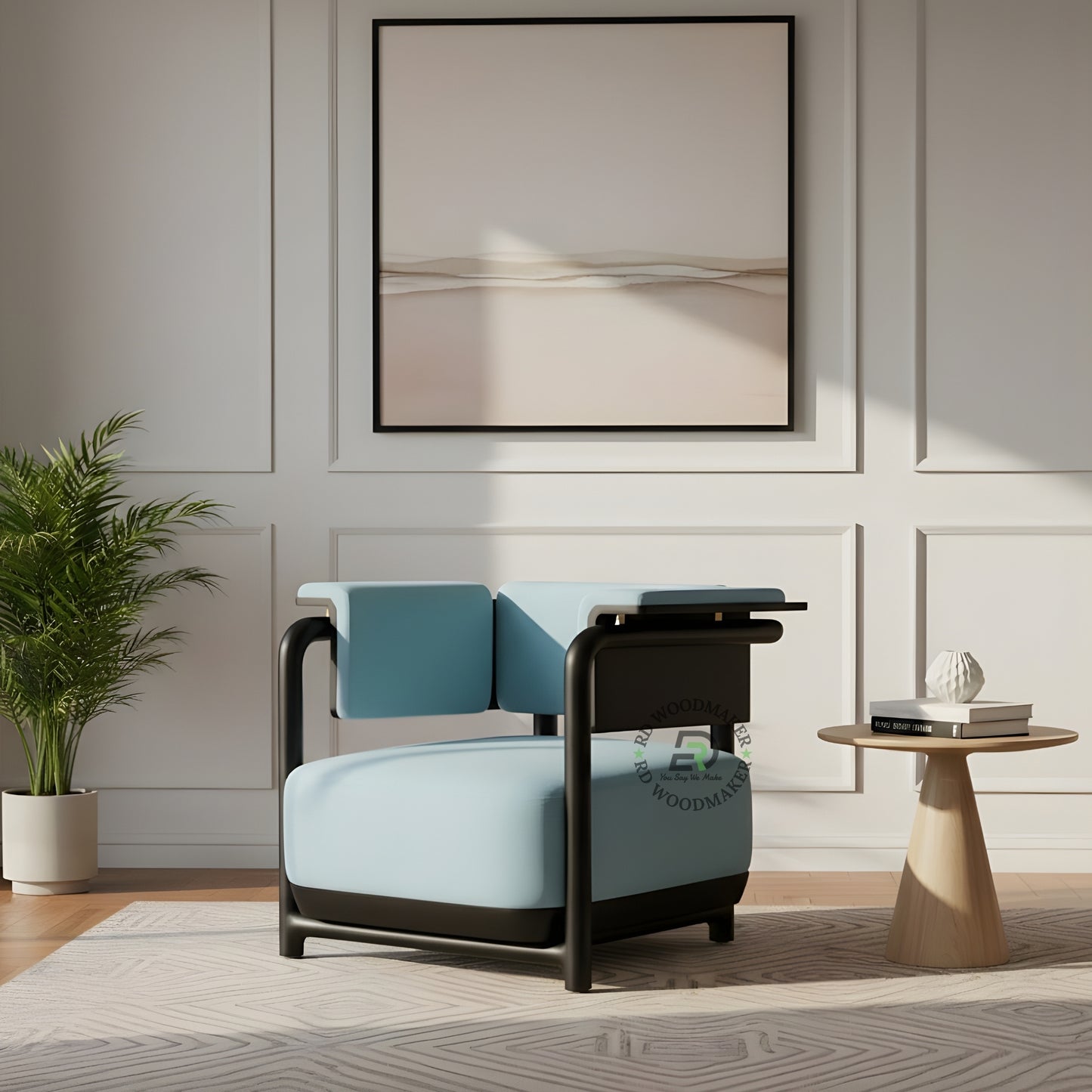 MODERN LIGHT BLUE ACCENT CHAIR WITH BLACK METAL FRAME