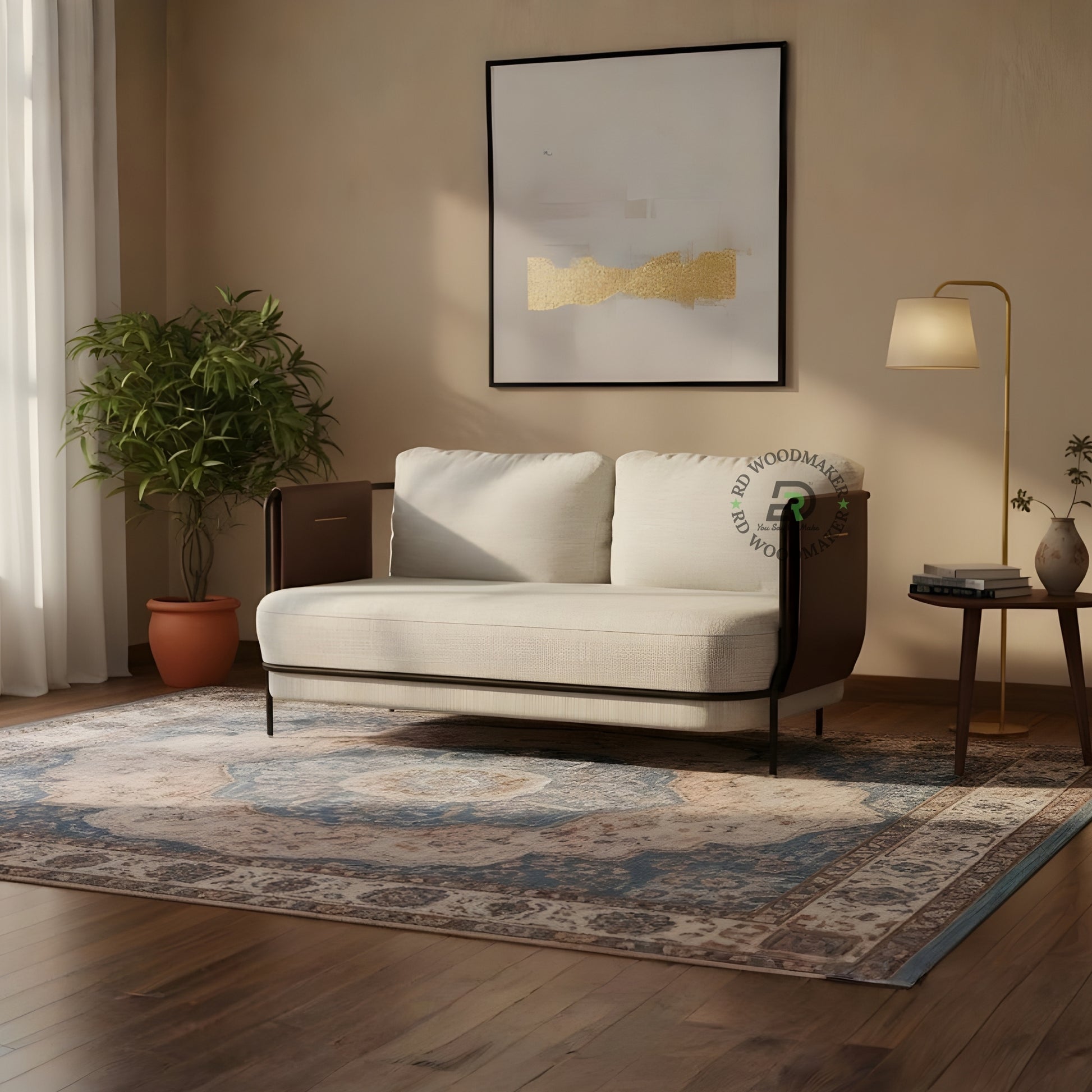 MODERN 2 SEATER FABRIC SOFA WITH LEATHERETTE ARM PANELS