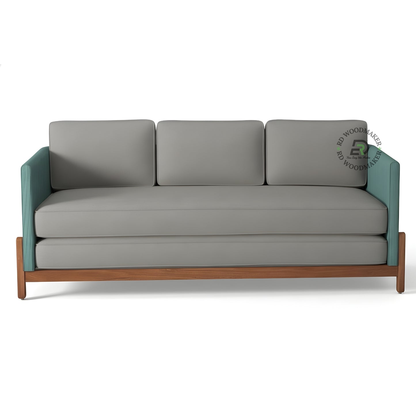 MODERN GREY 3 SEATER SOFA WITH TEAL BLUE FABRIC ARMS