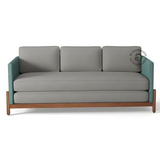 MODERN GREY 3 SEATER SOFA WITH TEAL BLUE FABRIC ARMS