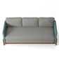 MODERN GREY 3 SEATER SOFA WITH TEAL BLUE FABRIC ARMS