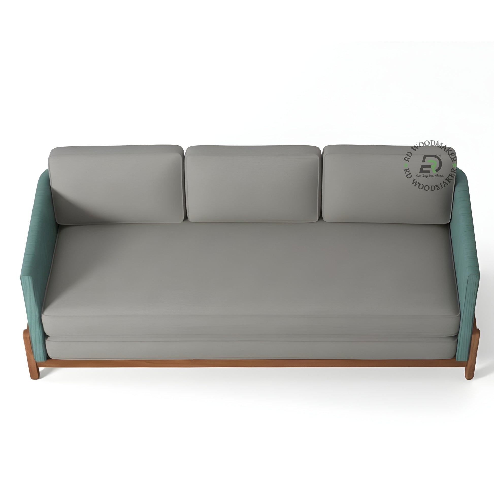 MODERN GREY 3 SEATER SOFA WITH TEAL BLUE FABRIC ARMS