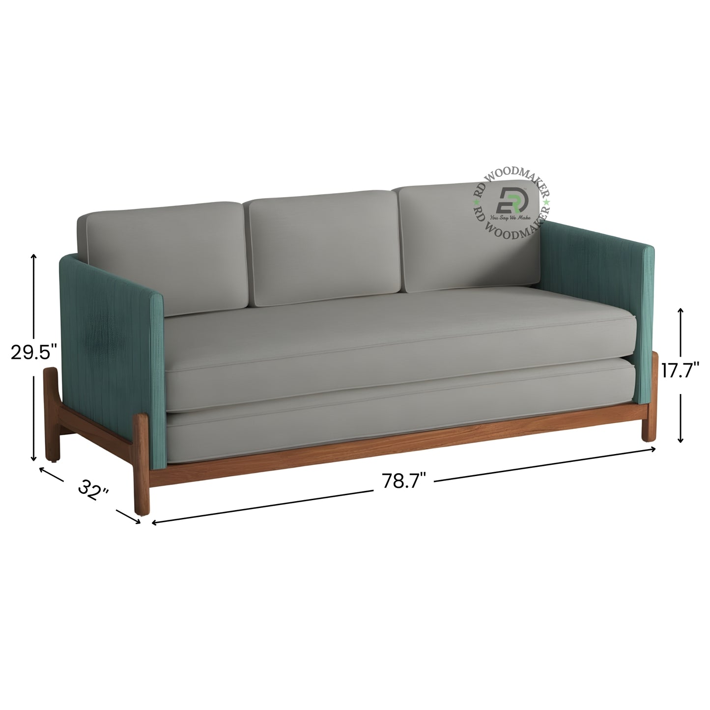 MODERN GREY 3 SEATER SOFA WITH TEAL BLUE FABRIC ARMS