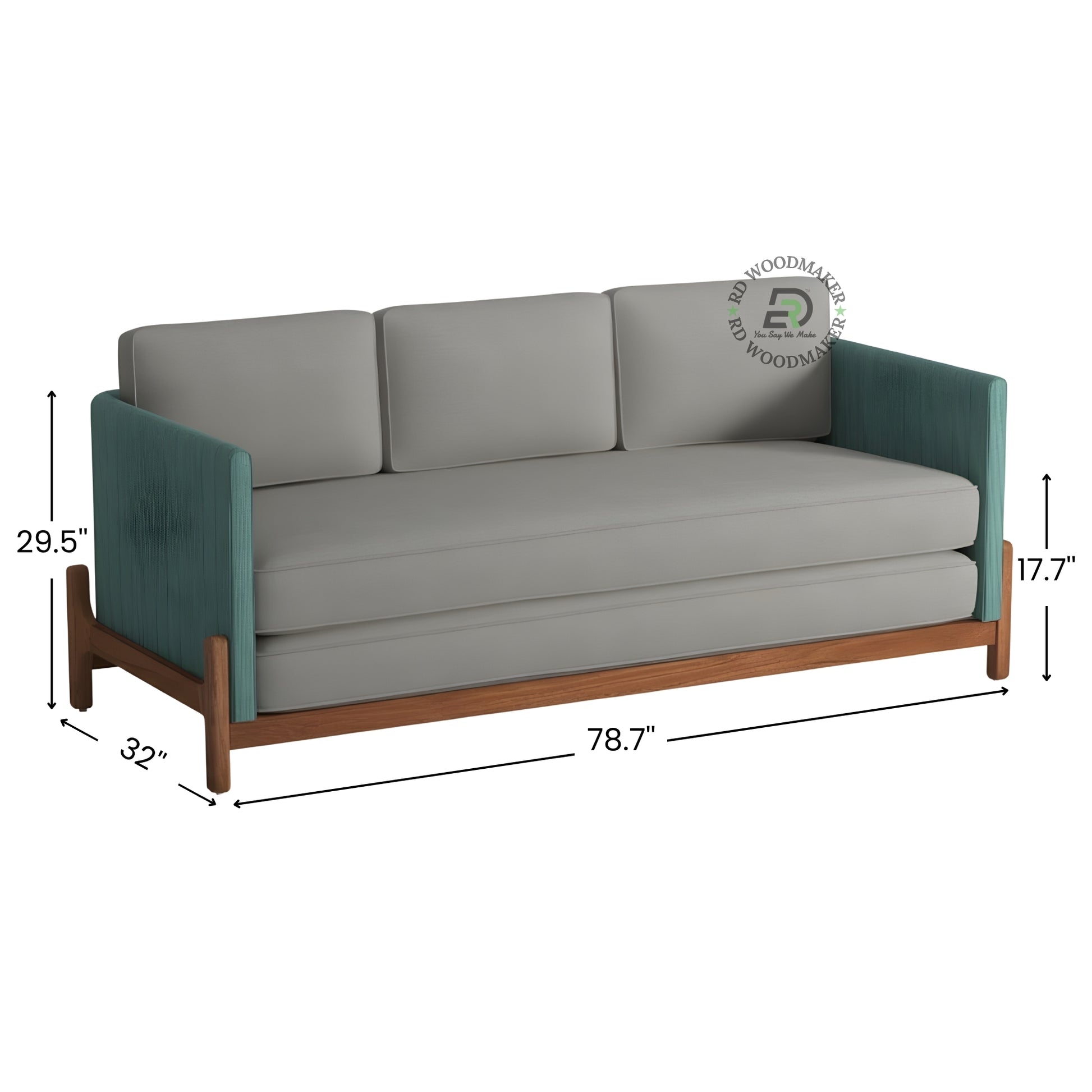 MODERN GREY 3 SEATER SOFA WITH TEAL BLUE FABRIC ARMS