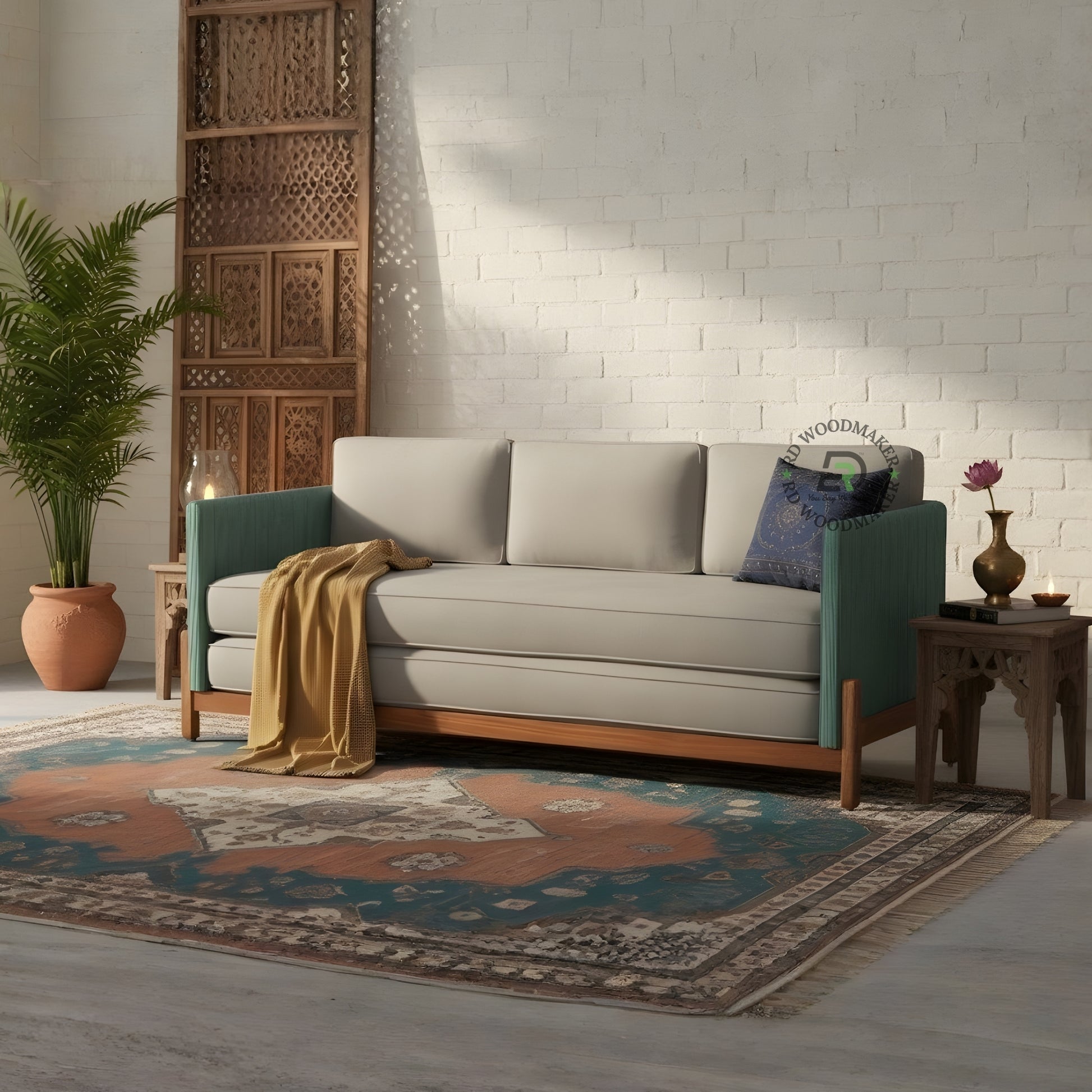 MODERN GREY 3 SEATER SOFA WITH TEAL BLUE FABRIC ARMS