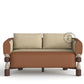 TWO TONE BROWN AND BEIGE 2 SEATER SOFA WITH TURNED LEGS
