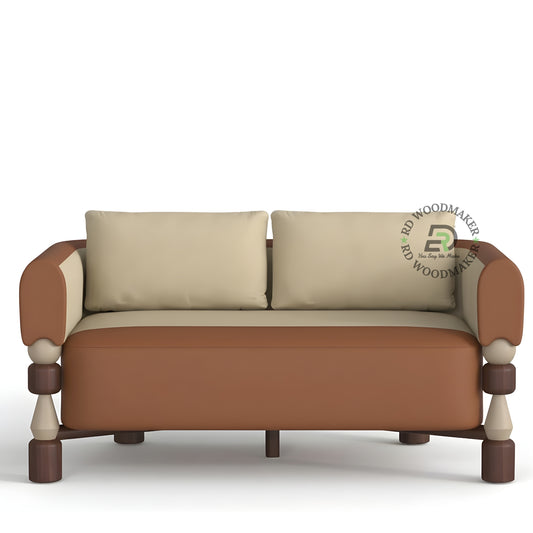 TWO TONE BROWN AND BEIGE 2 SEATER SOFA WITH TURNED LEGS