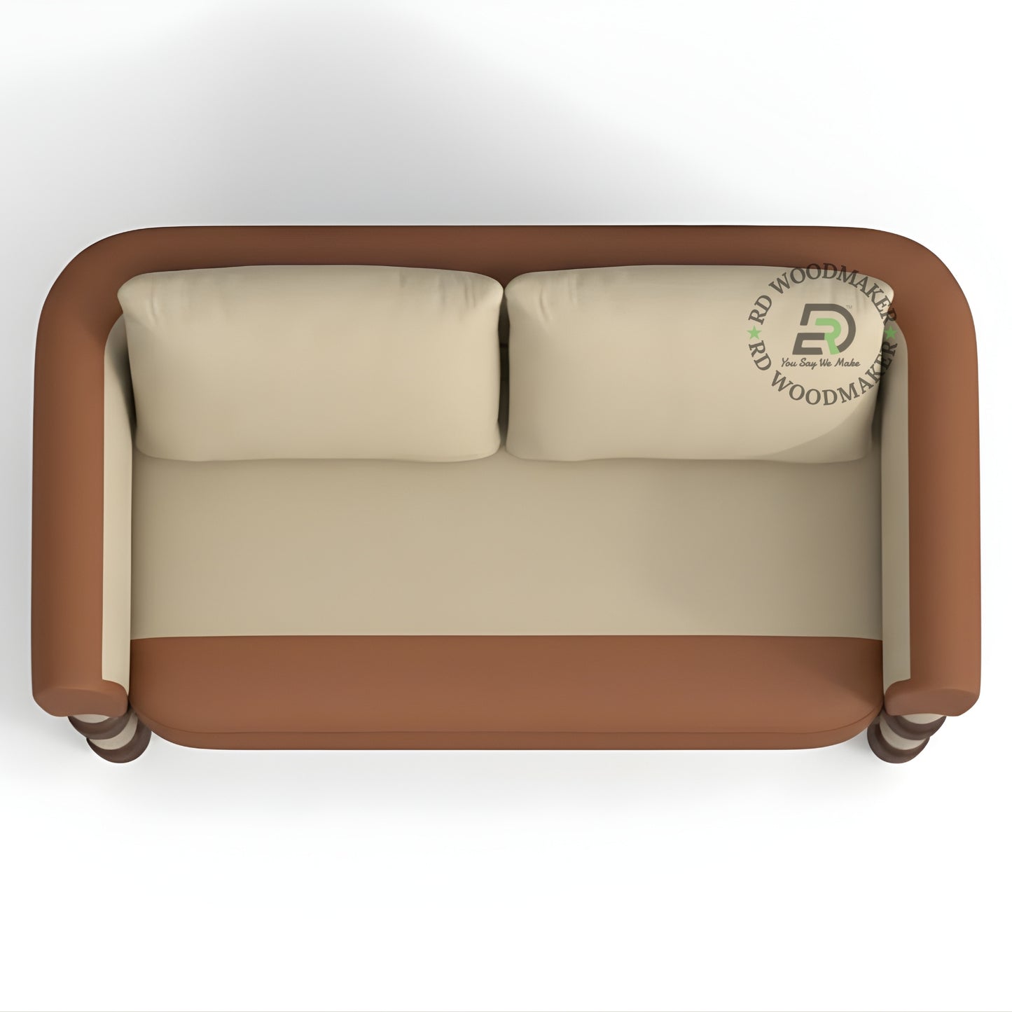 TWO TONE BROWN AND BEIGE 2 SEATER SOFA WITH TURNED LEGS