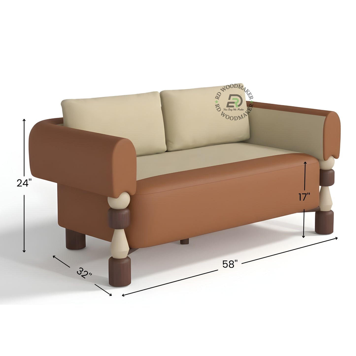 TWO TONE BROWN AND BEIGE 2 SEATER SOFA WITH TURNED LEGS