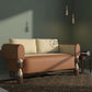 TWO TONE BROWN AND BEIGE 2 SEATER SOFA WITH TURNED LEGS