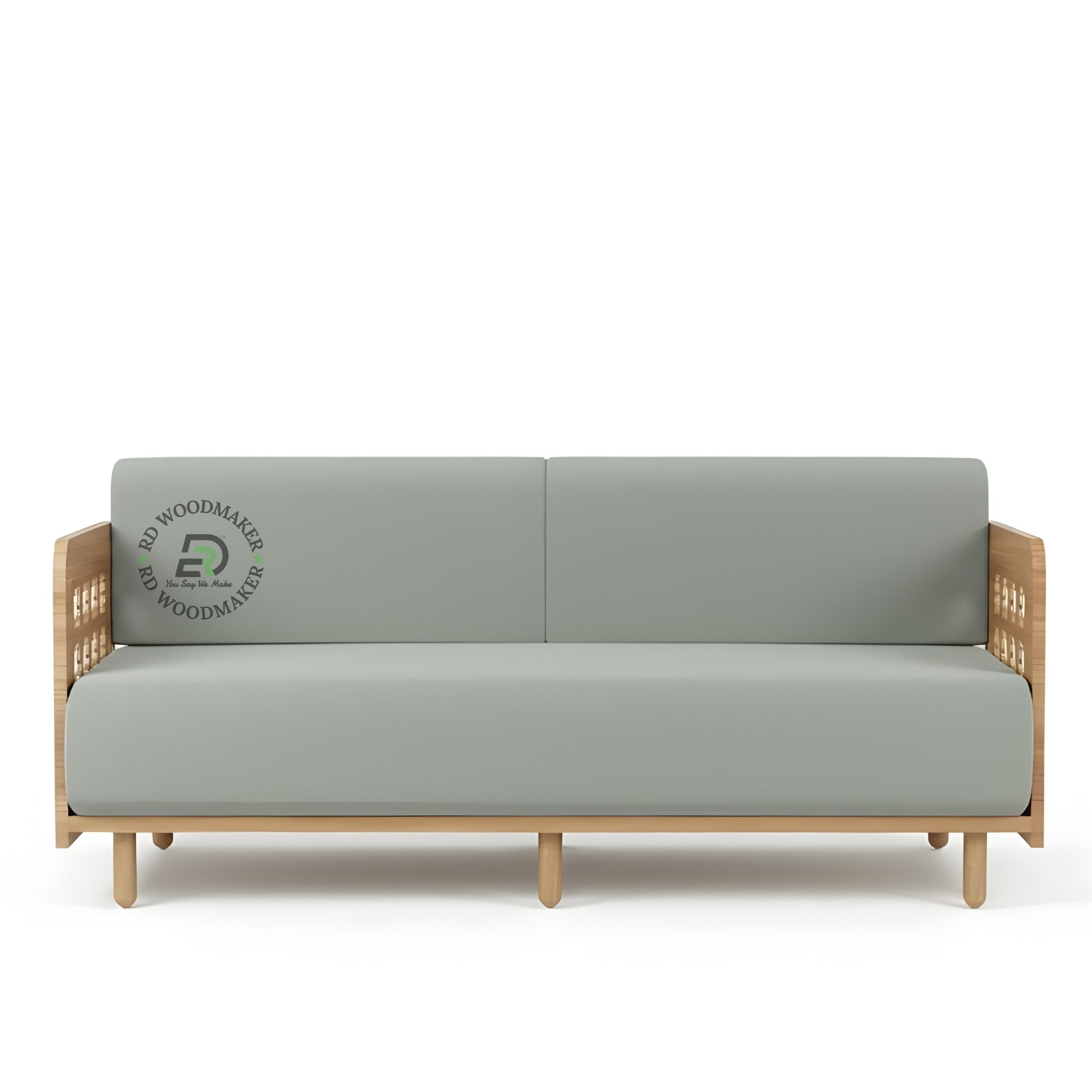 LIGHT GREY 3 SEATER SOFA WITH GEOMETRIC CUTOUT WOODEN ARMS