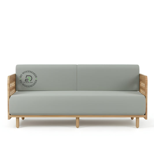 LIGHT GREY 3 SEATER SOFA WITH GEOMETRIC CUTOUT WOODEN ARMS