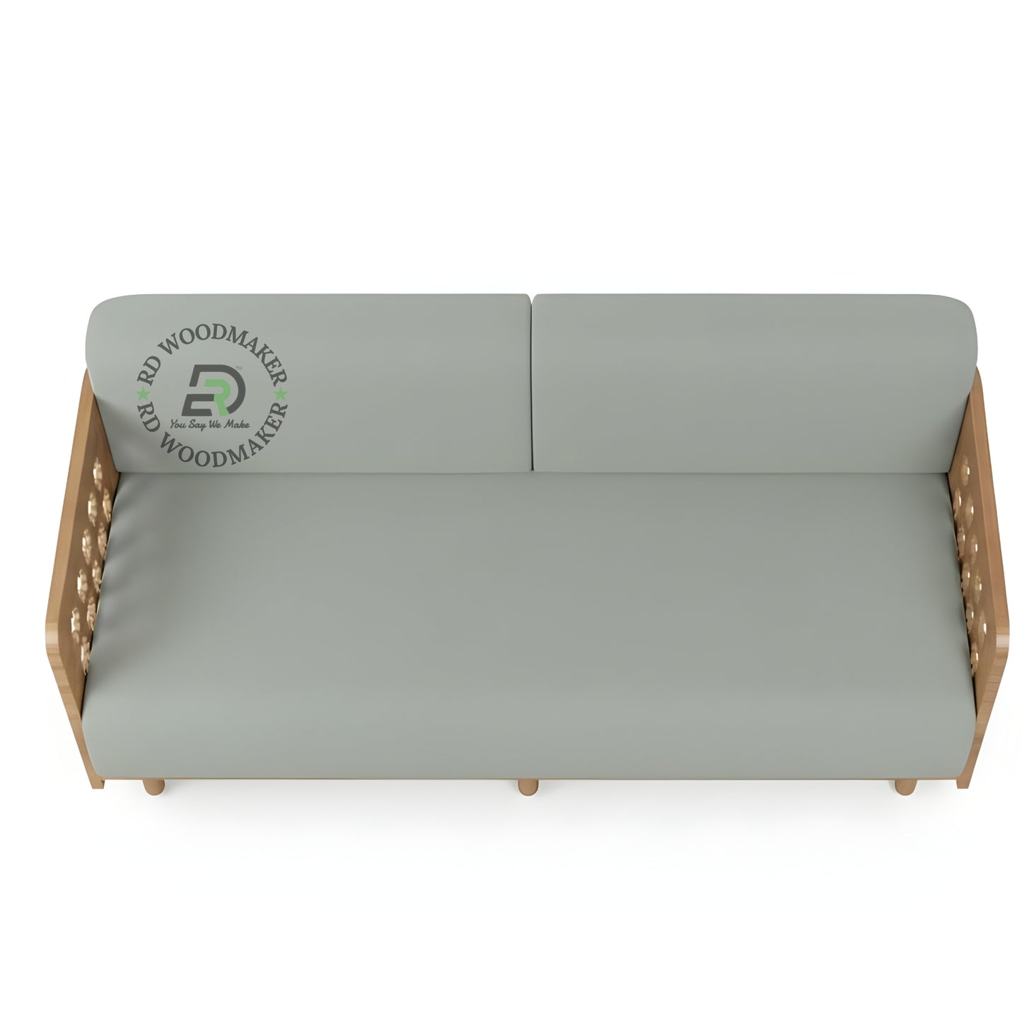 LIGHT GREY 3 SEATER SOFA WITH GEOMETRIC CUTOUT WOODEN ARMS