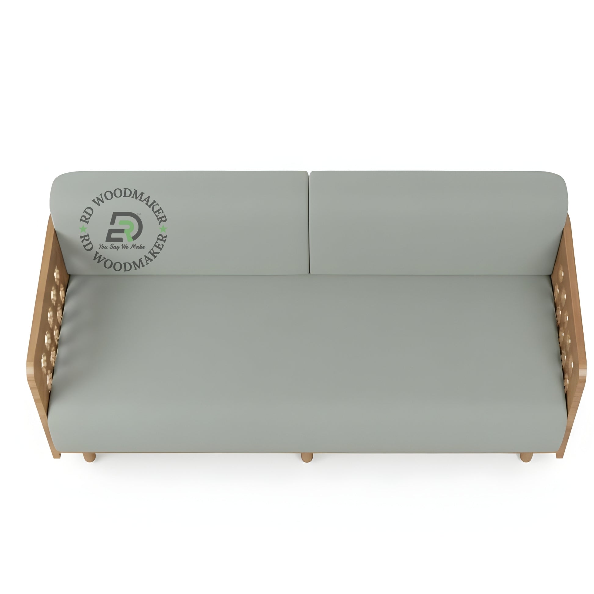 LIGHT GREY 3 SEATER SOFA WITH GEOMETRIC CUTOUT WOODEN ARMS
