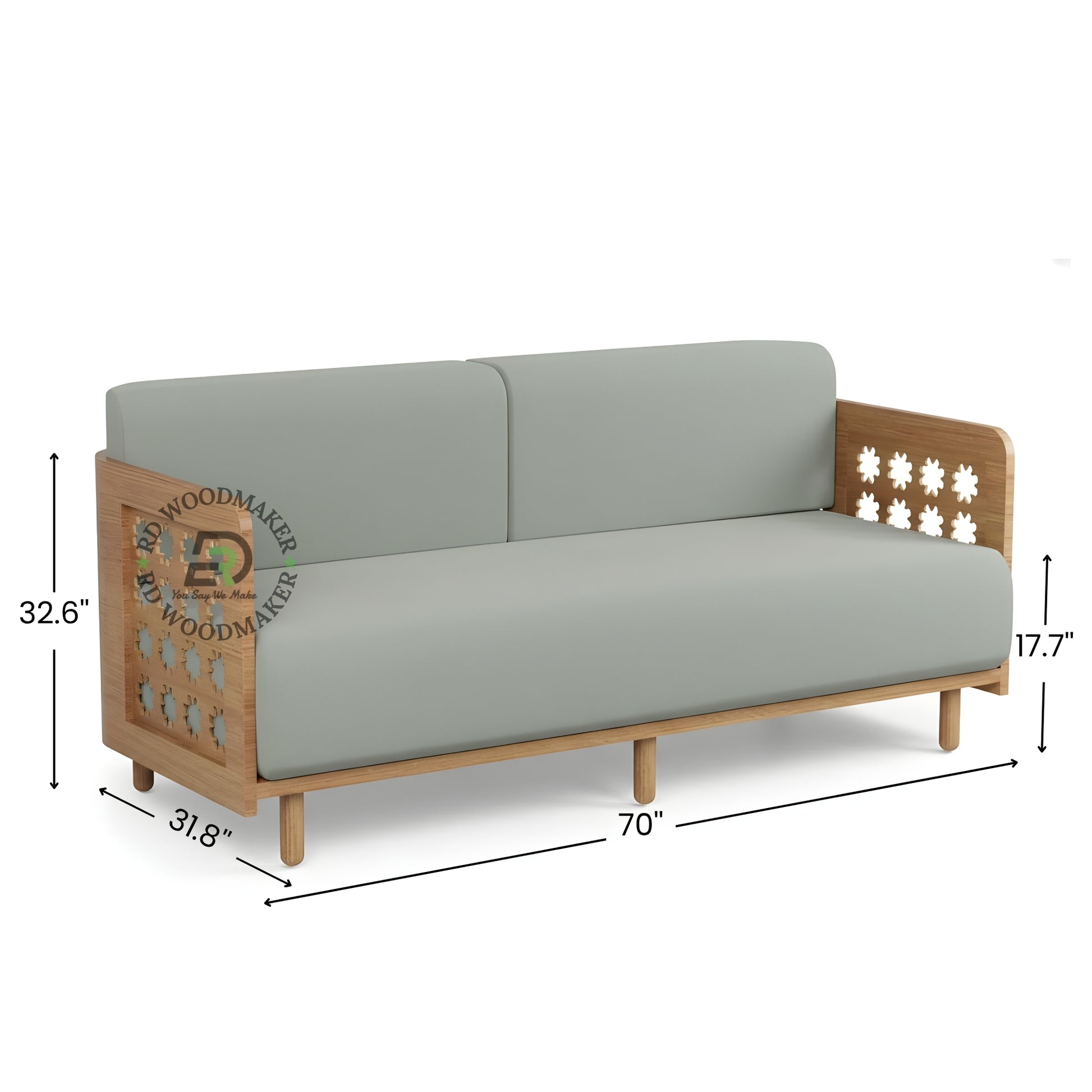 LIGHT GREY 3 SEATER SOFA WITH GEOMETRIC CUTOUT WOODEN ARMS