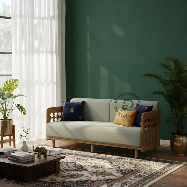 LIGHT GREY 3 SEATER SOFA WITH GEOMETRIC CUTOUT WOODEN ARMS
