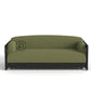 OLIVE GREEN SOFA WITH SCALLOPED BLACK FRAME AND CANE SIDES