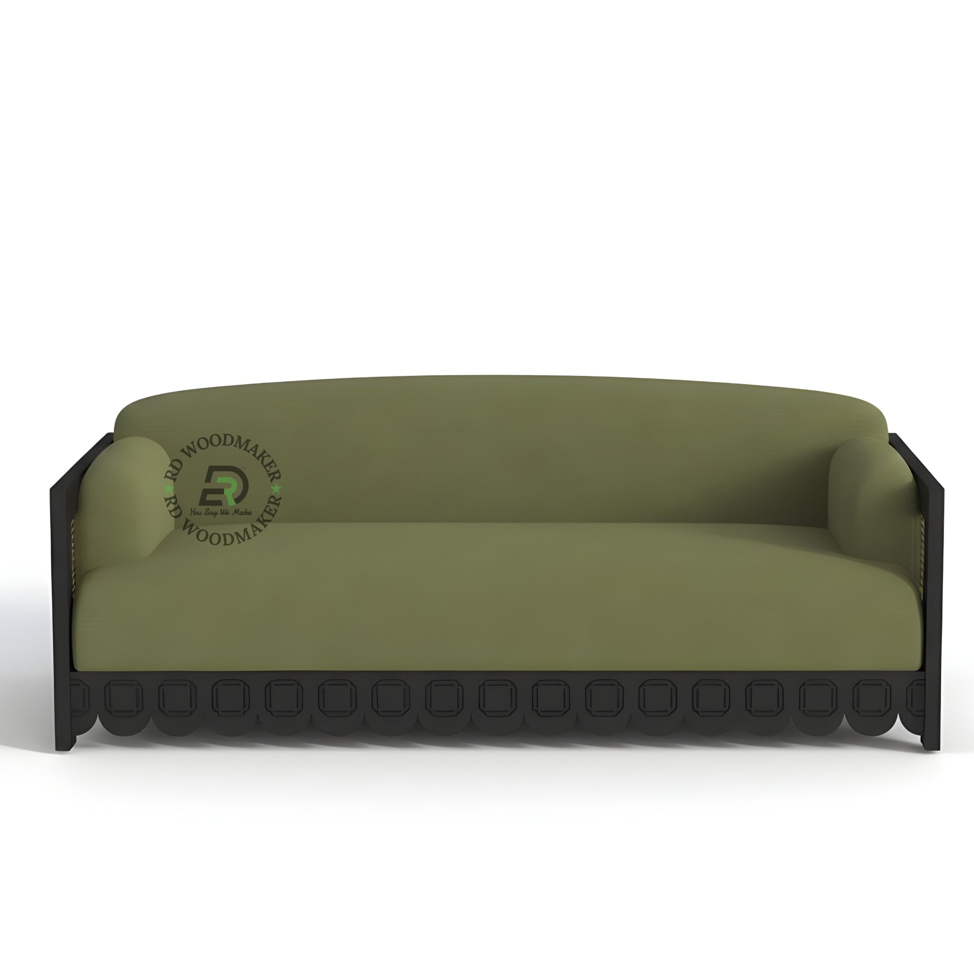 OLIVE GREEN SOFA WITH SCALLOPED BLACK FRAME AND CANE SIDES
