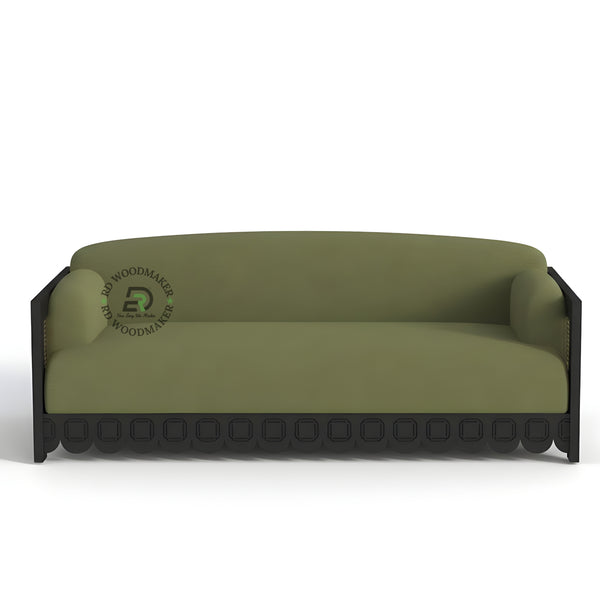 OLIVE GREEN SOFA WITH SCALLOPED BLACK FRAME AND CANE SIDES