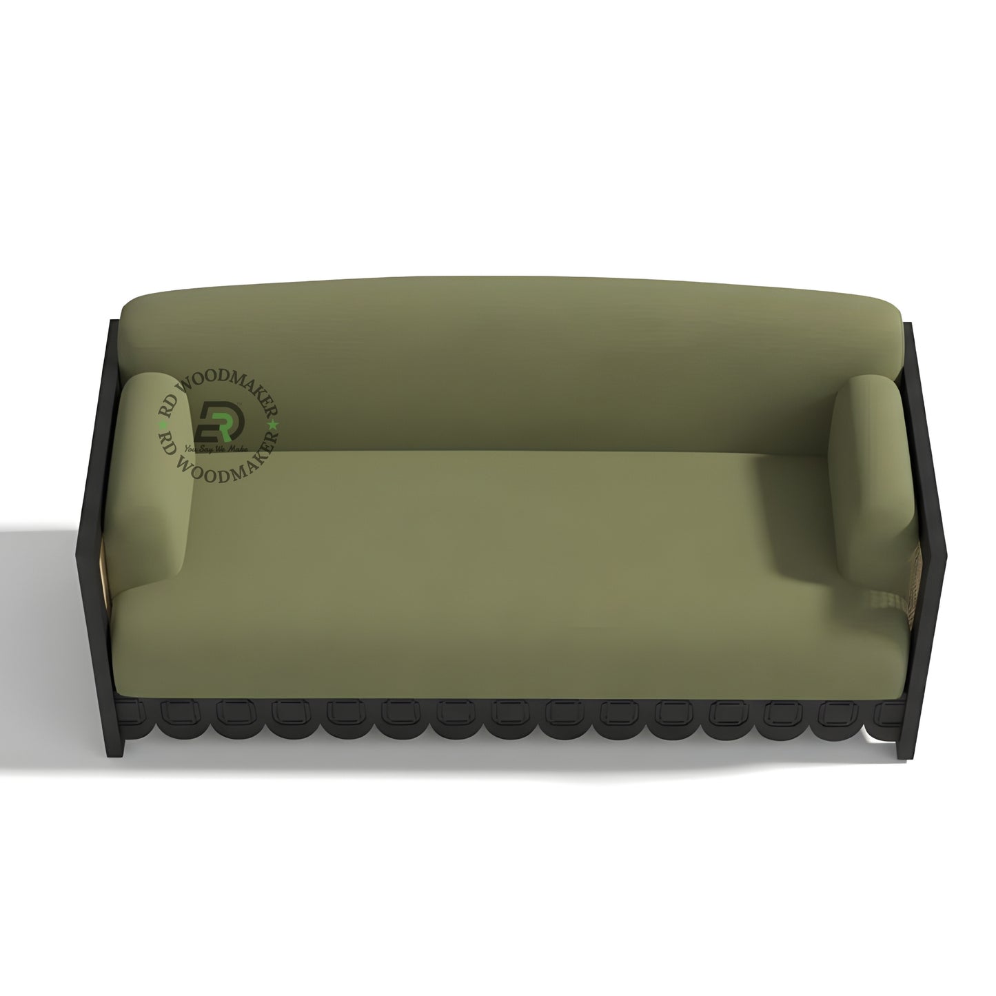 OLIVE GREEN SOFA WITH SCALLOPED BLACK FRAME AND CANE SIDES