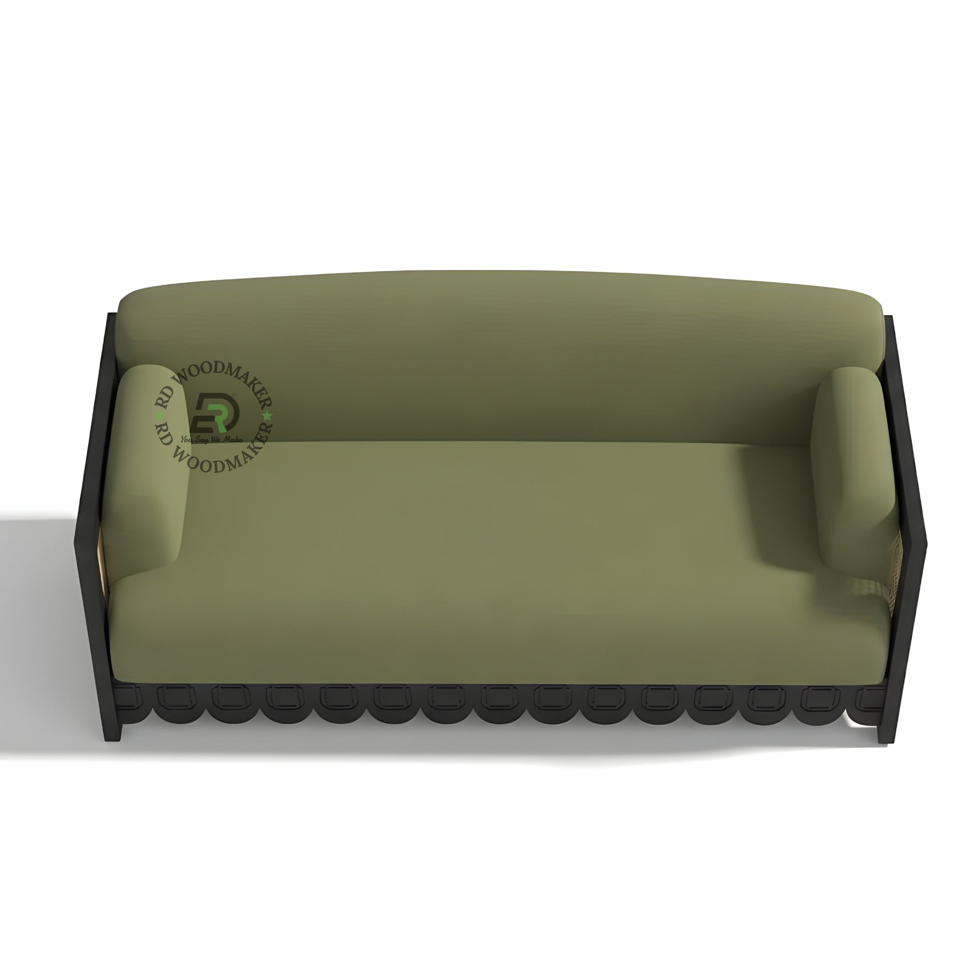 OLIVE GREEN SOFA WITH SCALLOPED BLACK FRAME AND CANE SIDES
