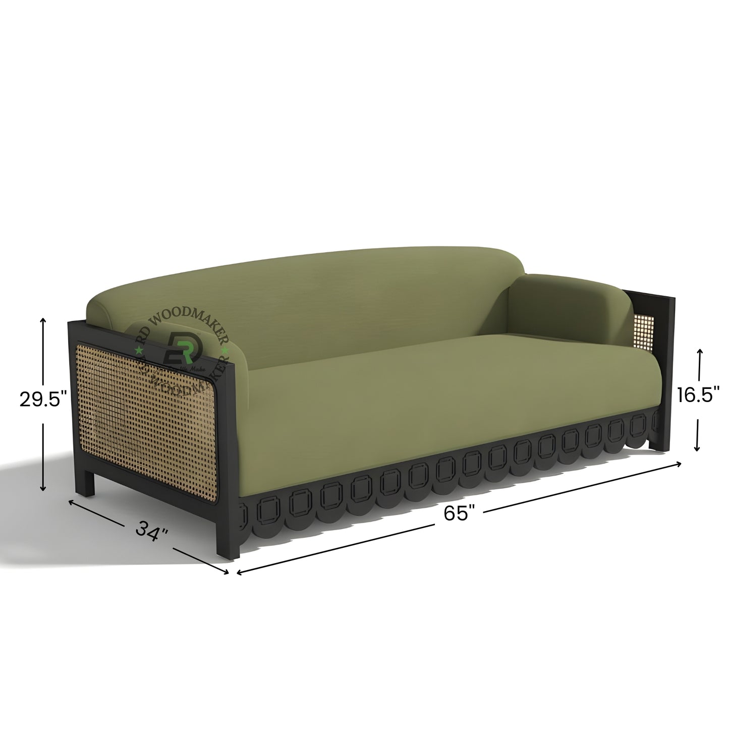 OLIVE GREEN SOFA WITH SCALLOPED BLACK FRAME AND CANE SIDES