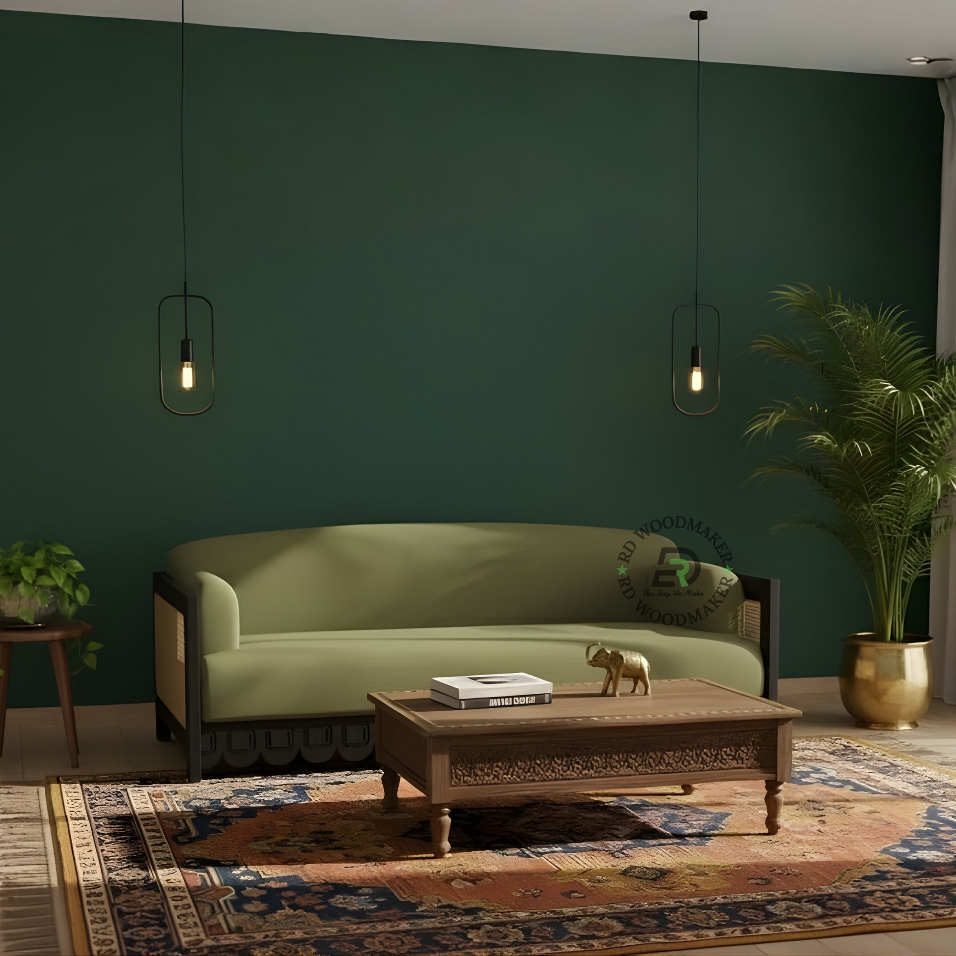 OLIVE GREEN SOFA WITH SCALLOPED BLACK FRAME AND CANE SIDES