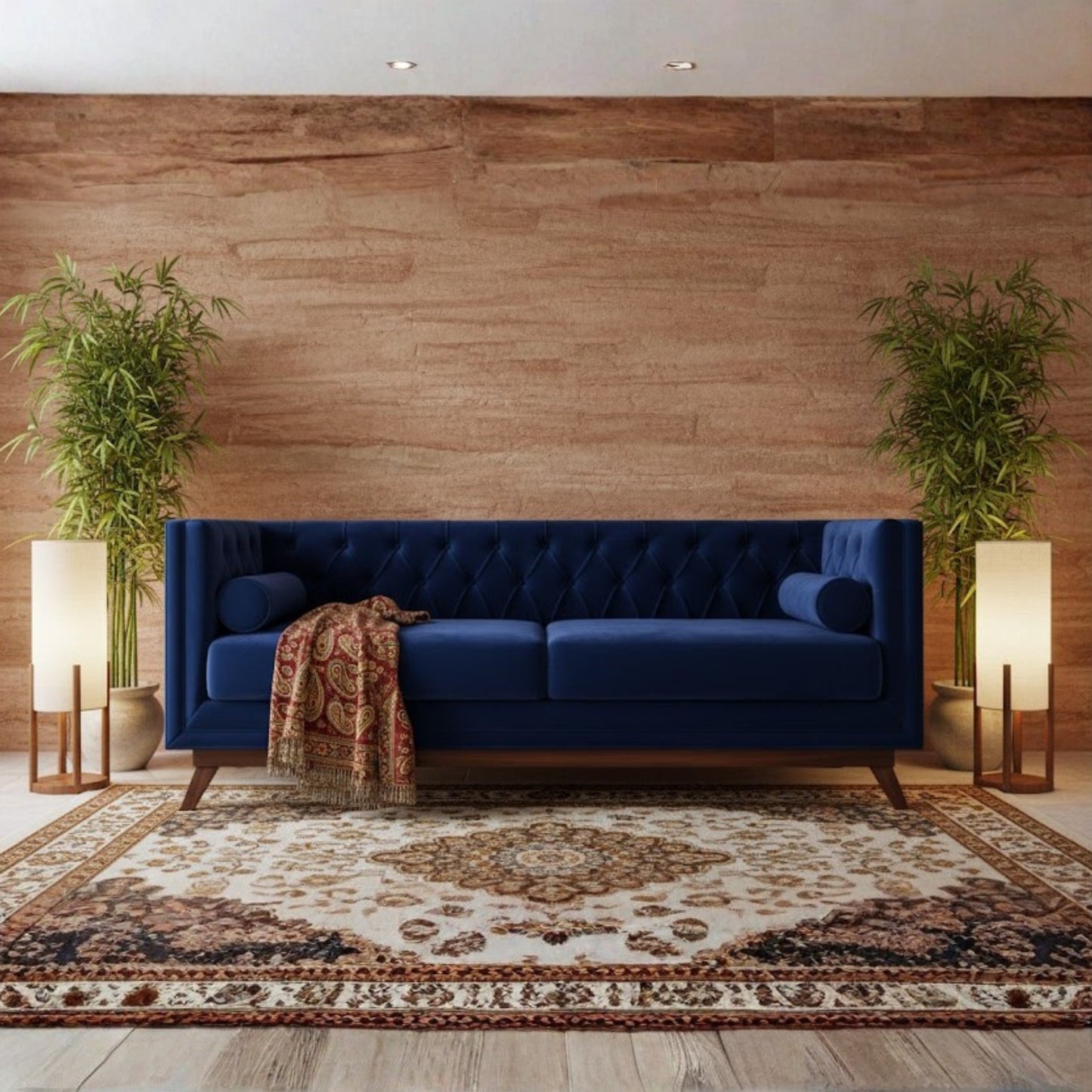 MID CENTURY WOOD FRAME SOFA WITH COLOR ACCENTS