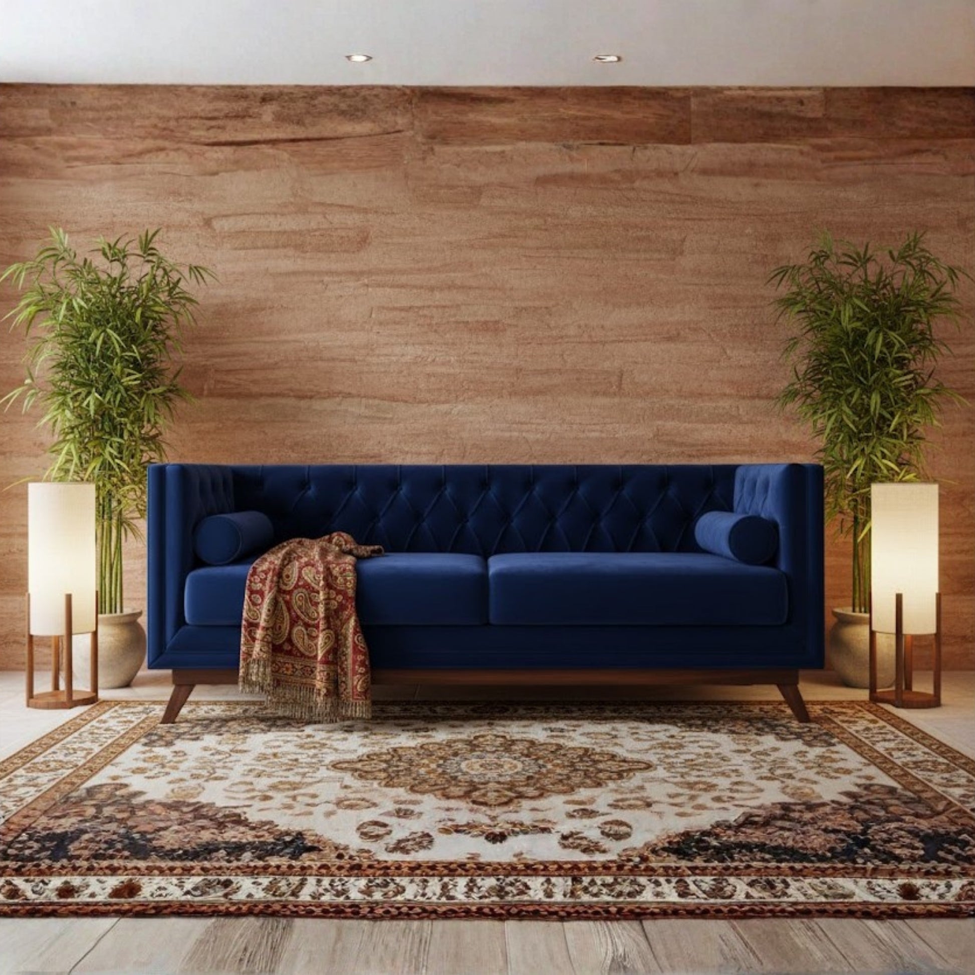 MID CENTURY WOOD FRAME SOFA WITH COLOR ACCENTS