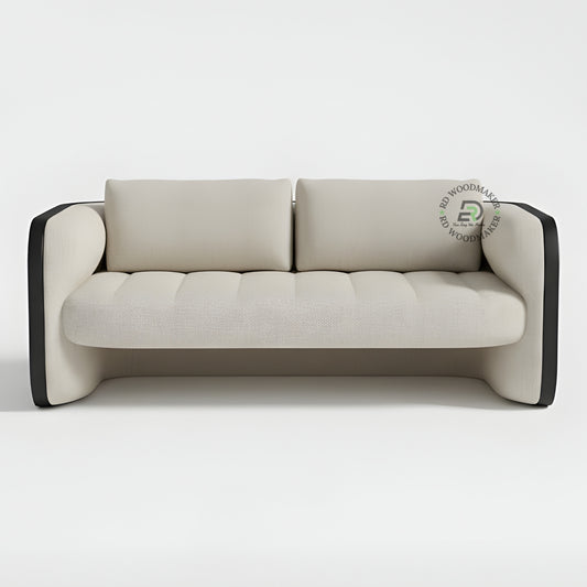 MODERN CREAM 2 SEATER SOFA WITH CURVED BLACK ARMS