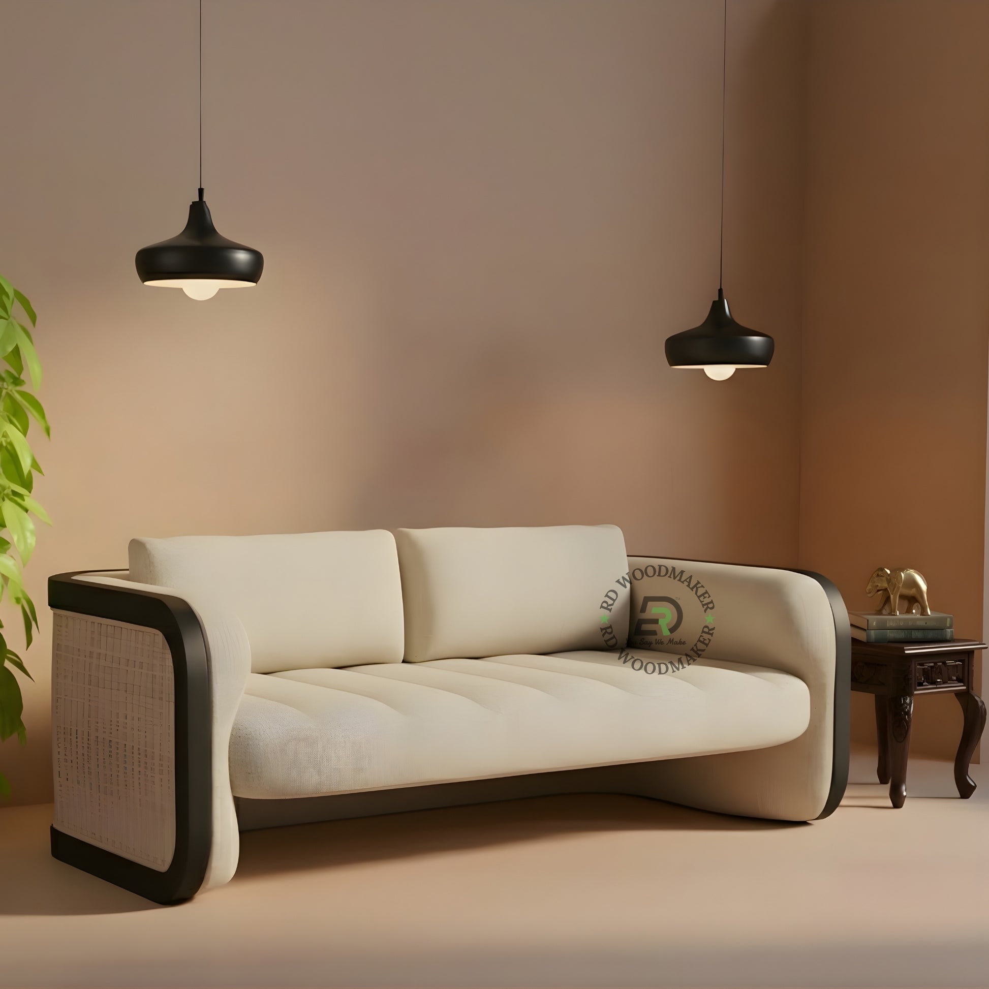 MODERN CREAM 2 SEATER SOFA WITH CURVED BLACK ARMS