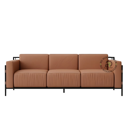 INDUSTRIAL BROWN LEATHER 3 SEATER SOFA WITH METAL FRAME