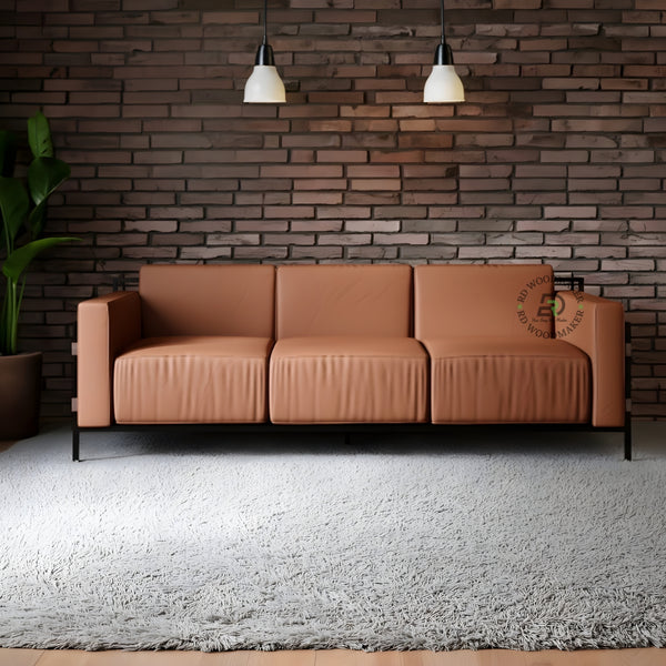 INDUSTRIAL BROWN LEATHER 3 SEATER SOFA WITH METAL FRAME