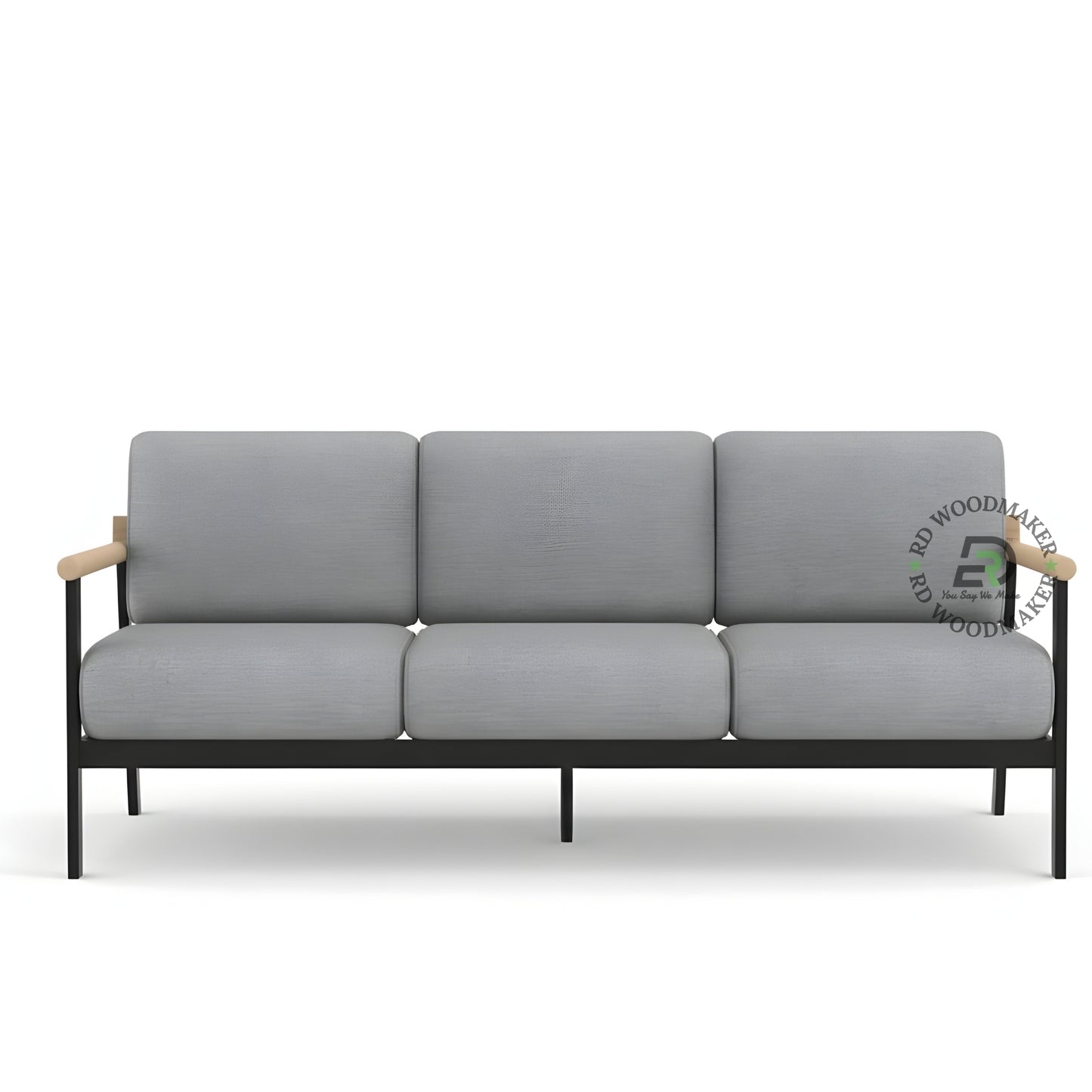 MINIMALIST GREY 3 SEATER SOFA WITH WOODEN ARMRESTS
