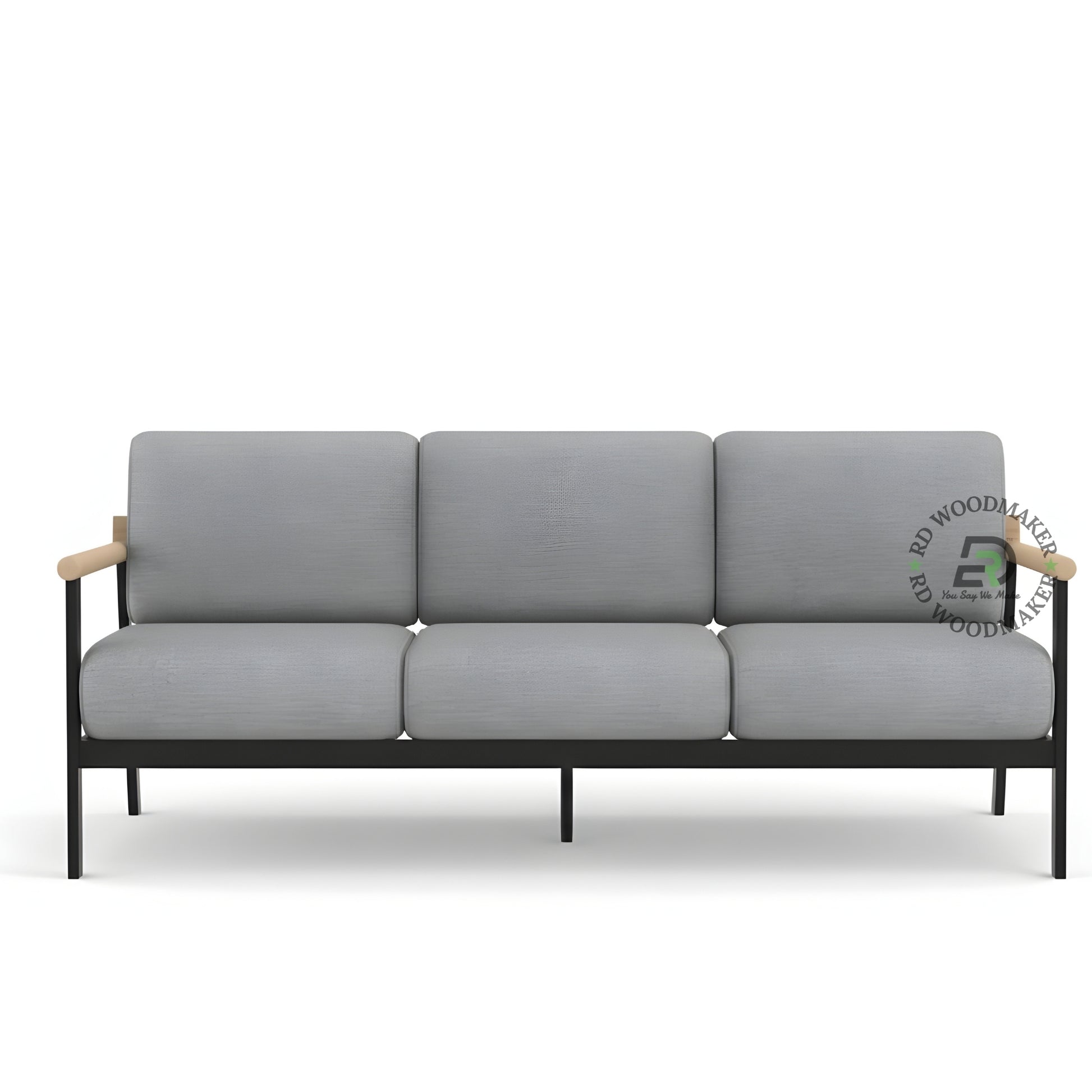 MINIMALIST GREY 3 SEATER SOFA WITH WOODEN ARMRESTS