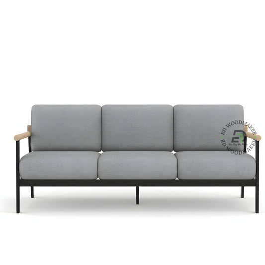 MINIMALIST GREY 3 SEATER SOFA WITH WOODEN ARMRESTS