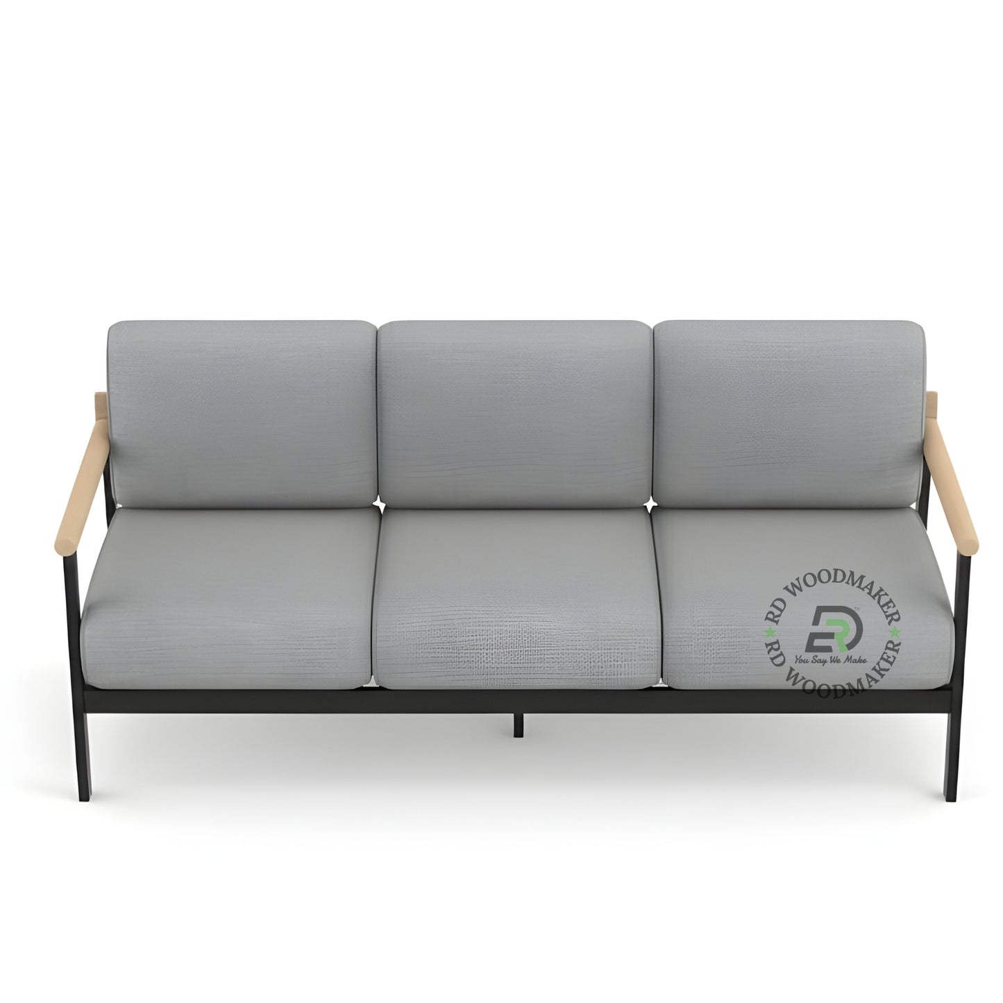 MINIMALIST GREY 3 SEATER SOFA WITH WOODEN ARMRESTS