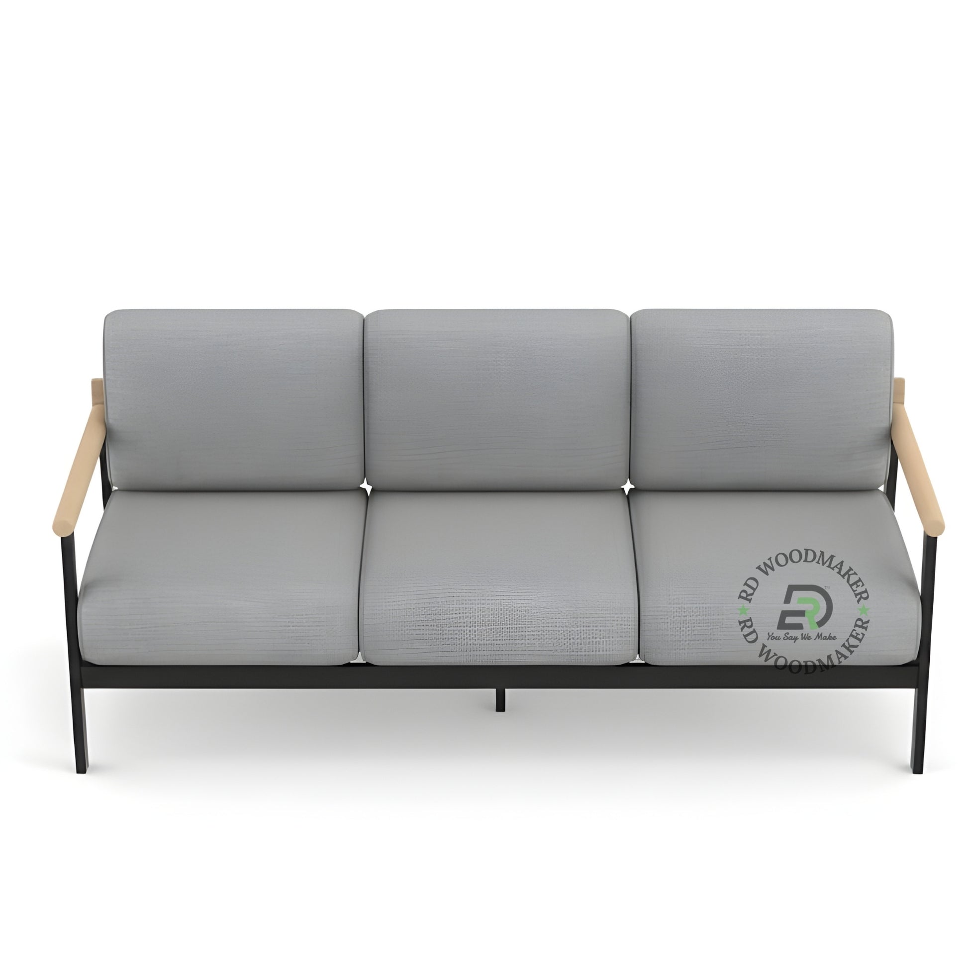MINIMALIST GREY 3 SEATER SOFA WITH WOODEN ARMRESTS
