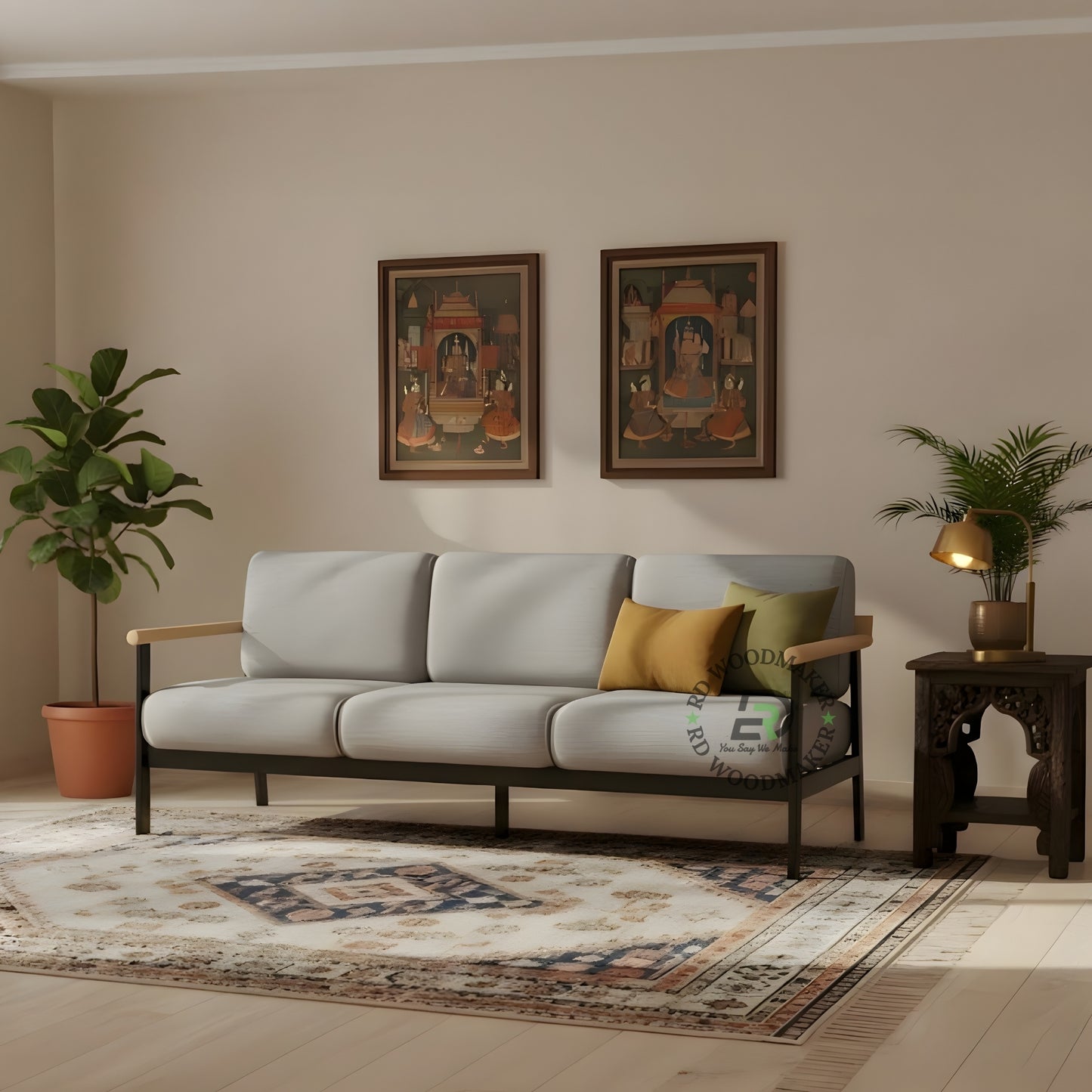 MINIMALIST GREY 3 SEATER SOFA WITH WOODEN ARMRESTS