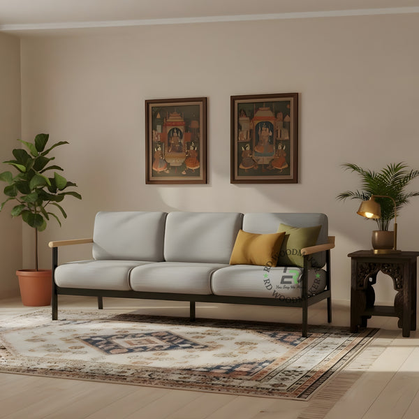 MINIMALIST GREY 3 SEATER SOFA WITH WOODEN ARMRESTS
