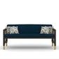 NAVY BLUE FABRIC SOFA WITH CANE SIDES AND GOLD FEET