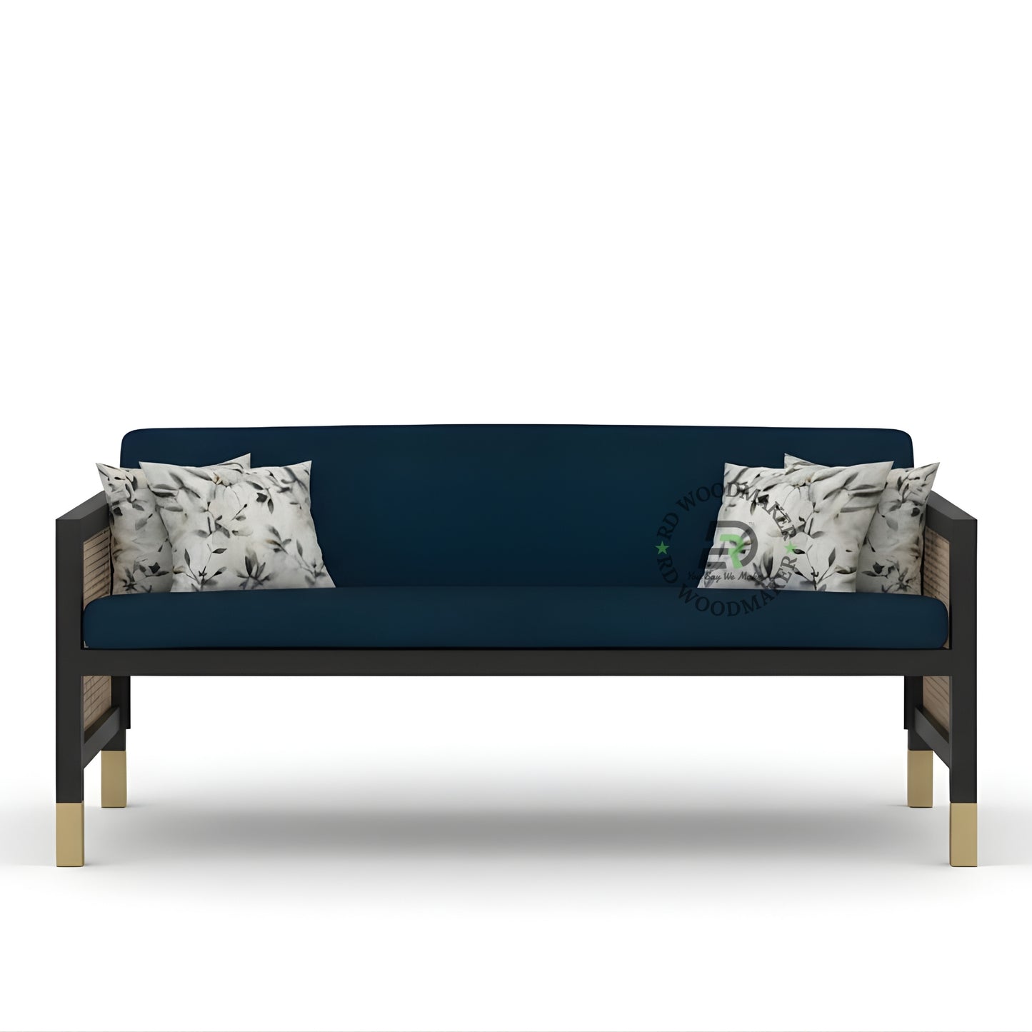 NAVY BLUE FABRIC SOFA WITH CANE SIDES AND GOLD FEET