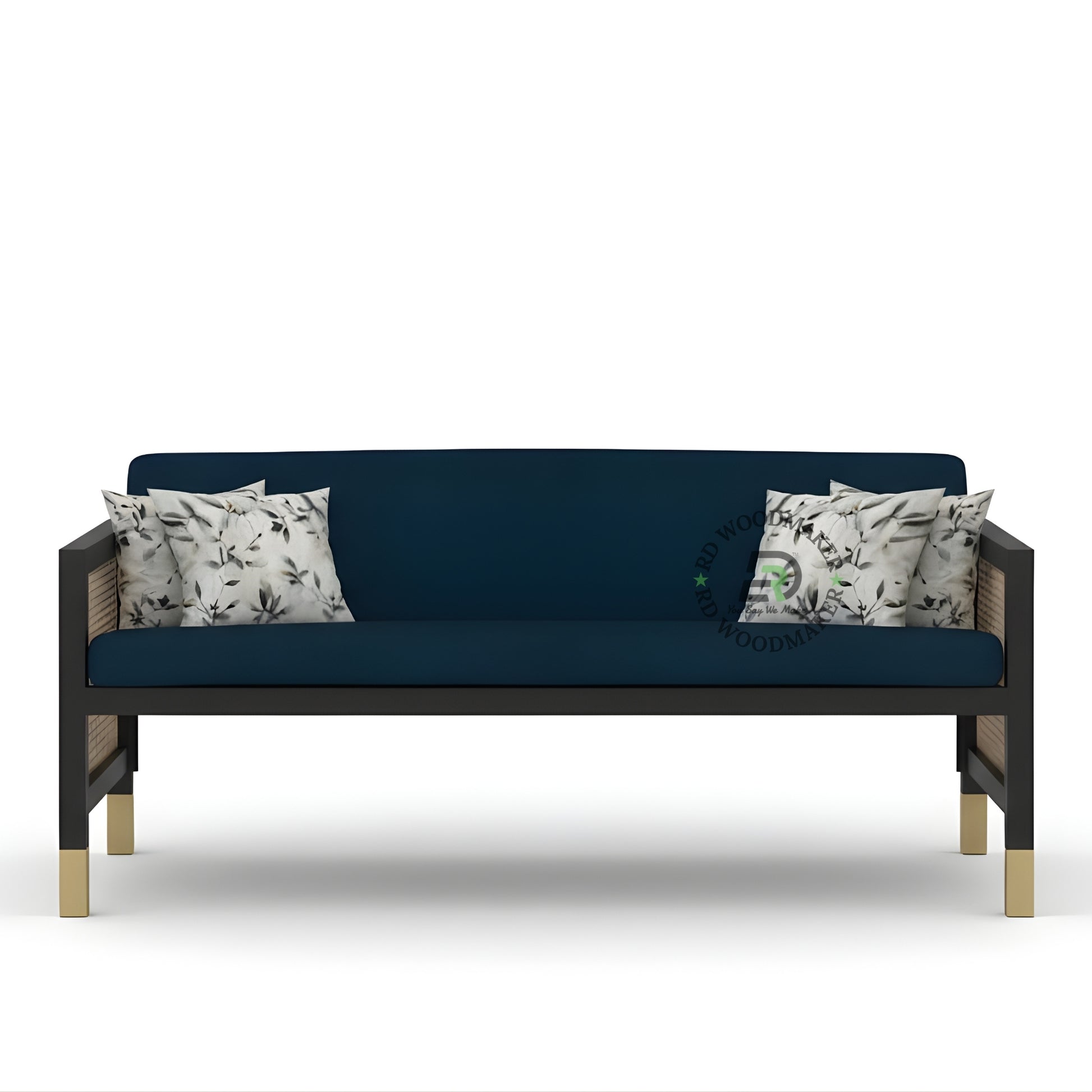 NAVY BLUE FABRIC SOFA WITH CANE SIDES AND GOLD FEET