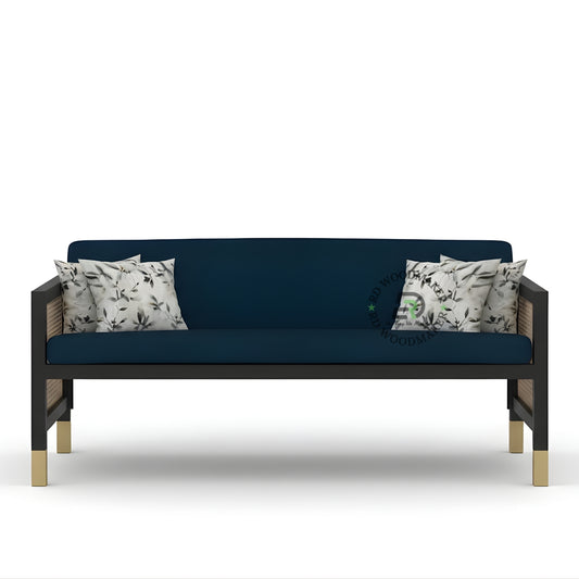 NAVY BLUE FABRIC SOFA WITH CANE SIDES AND GOLD FEET