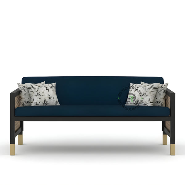 NAVY BLUE FABRIC SOFA WITH CANE SIDES AND GOLD FEET
